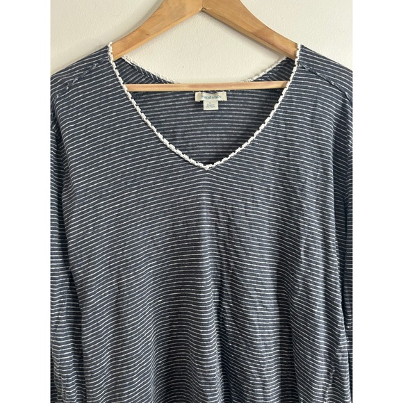 Sundance Womens Large Linen Striped V-Neck Top Navy Blue Crochet Trim Coastal - Picture 5 of 8